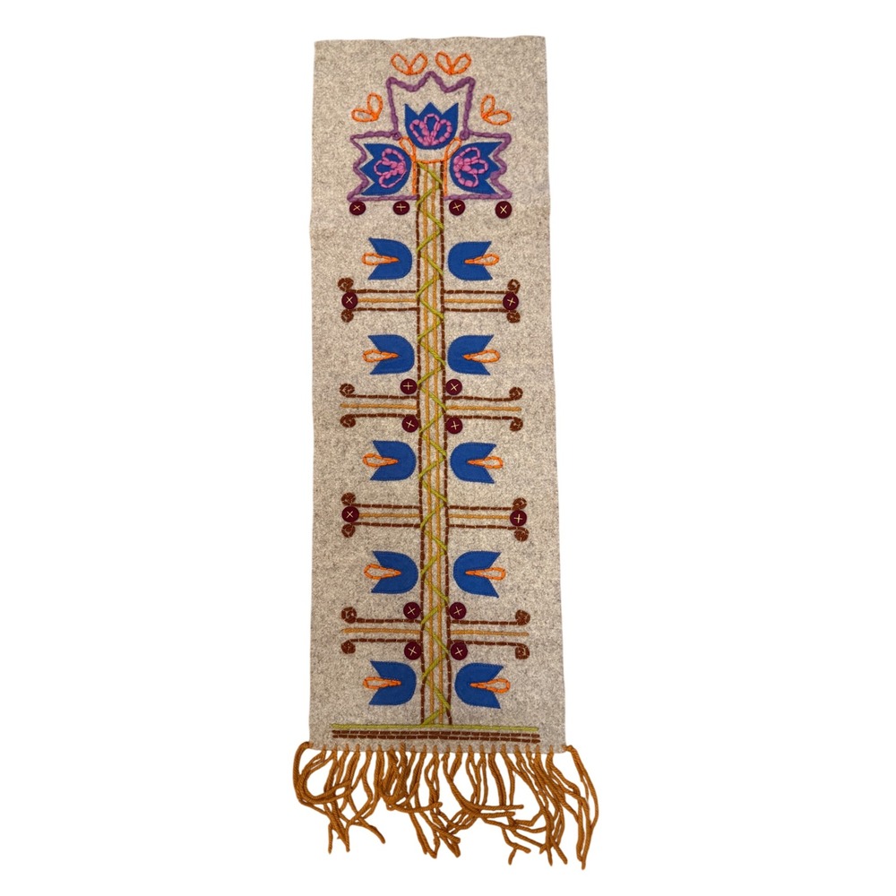 Vintage Hand Embroidered Wool Felt Folk Art Wall Hanging Table Runner Floral 35"
